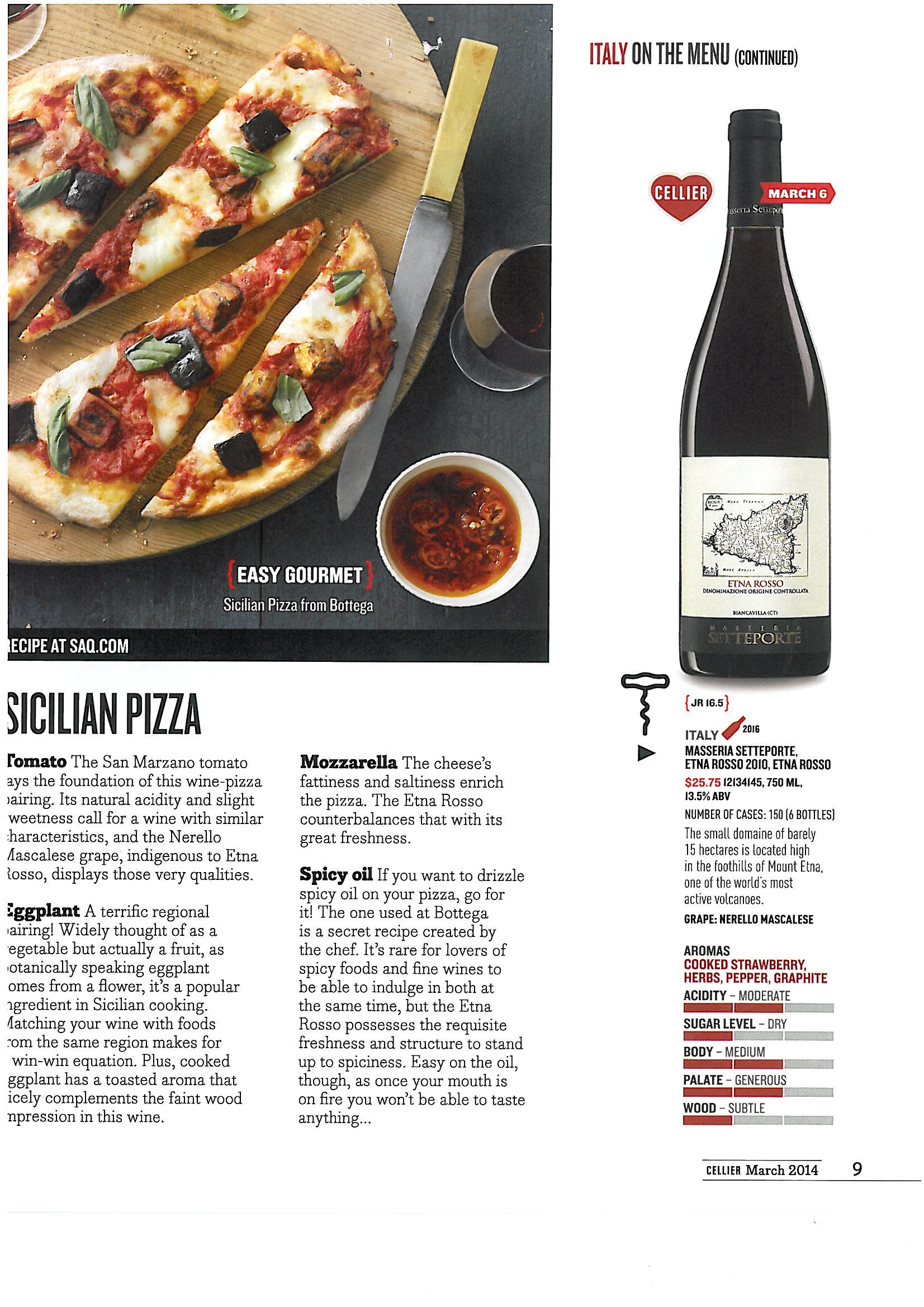 ETNA ROSSO FROM SETTEPORTE FEATURED IN CELLIER, THE MAGAZINE OF CANADIAN SAQ